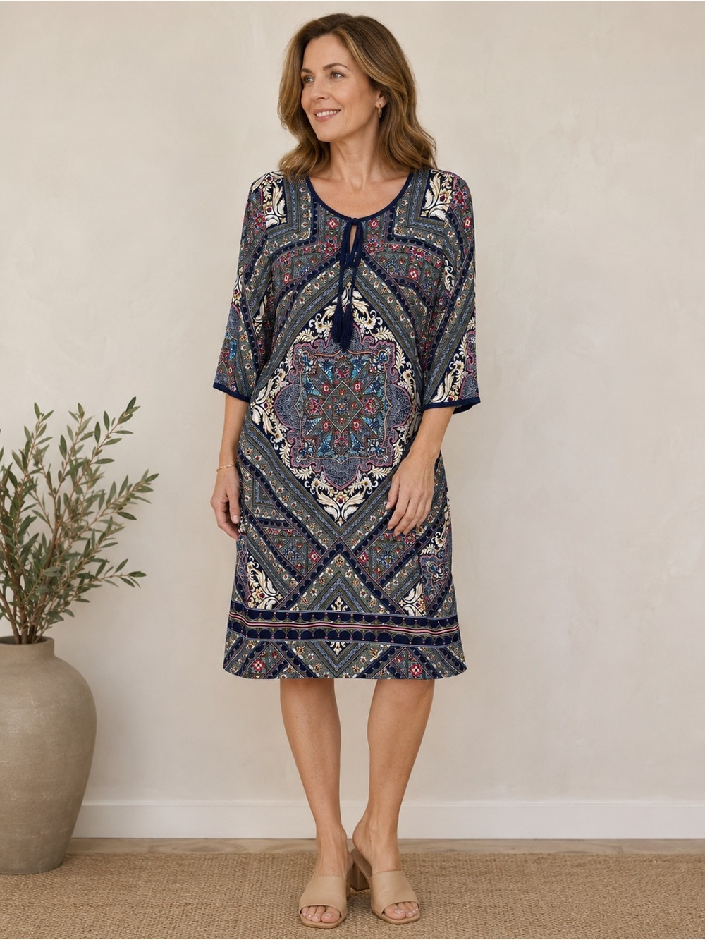 Westport 1962 Women’s Printed Shift Dress Size 14 Navy Boho Paisley Tassel Tie